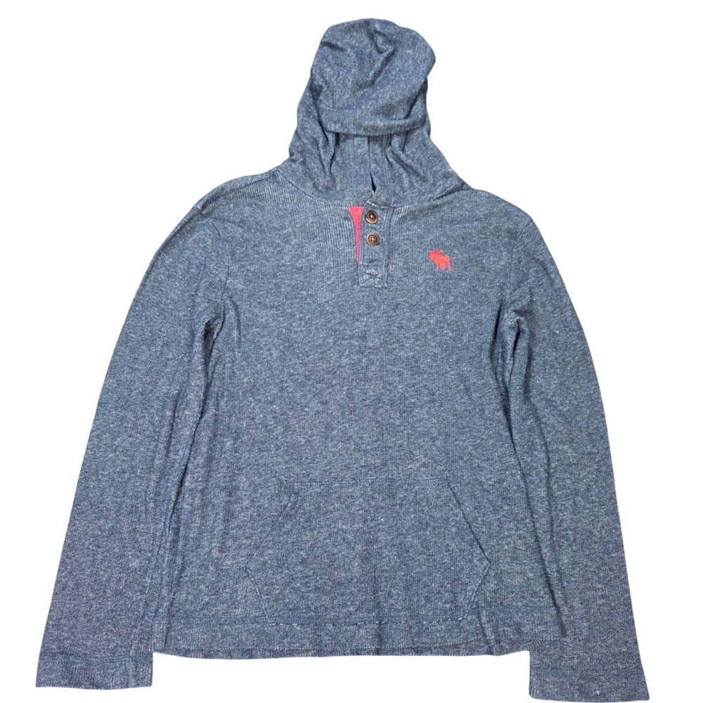 Abercrombie Kids Waffle Knit Henley Hooded Sweatshirt Boy's Size M Blue Red Logo